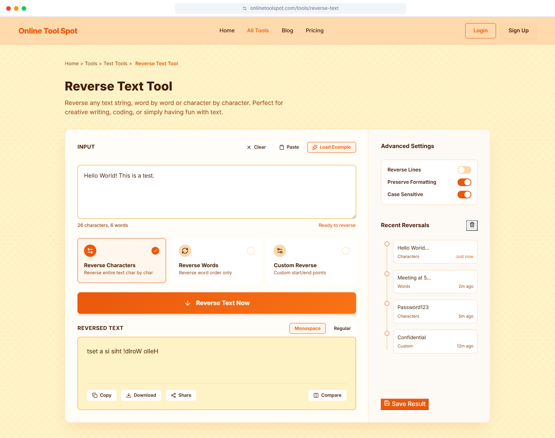 Reverse Text Tool Interface